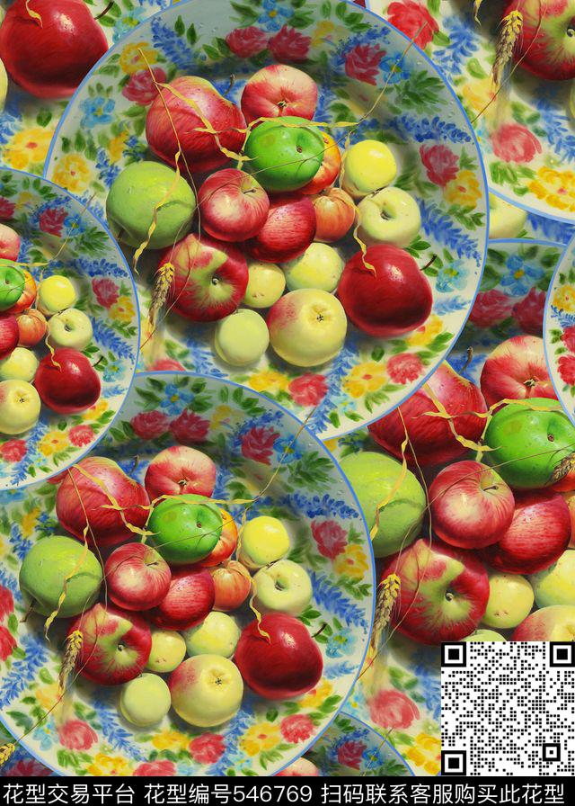 欧美流行时尚手绘收获季节水果拼盘田园风数码印花华亿平台下载（图片编号: 546769） - 瓦栏（Walan）