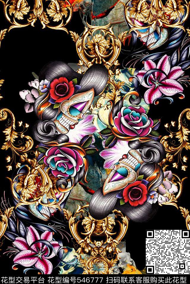 服装设计时尚大牌欧美风格小丑女人抽象肌理纹数码印花华亿平台下载（图片编号: 546777） - 瓦栏（Walan）