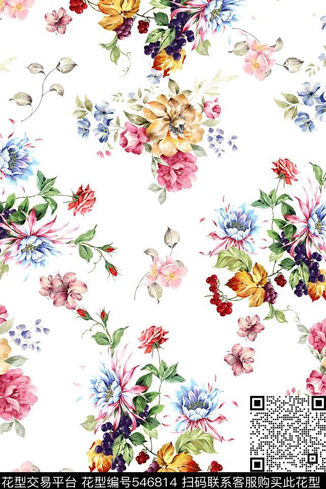 清新风格手绘水彩花连衣裙数码印花华亿平台下载（图片编号: 546814） - 瓦栏（Walan）