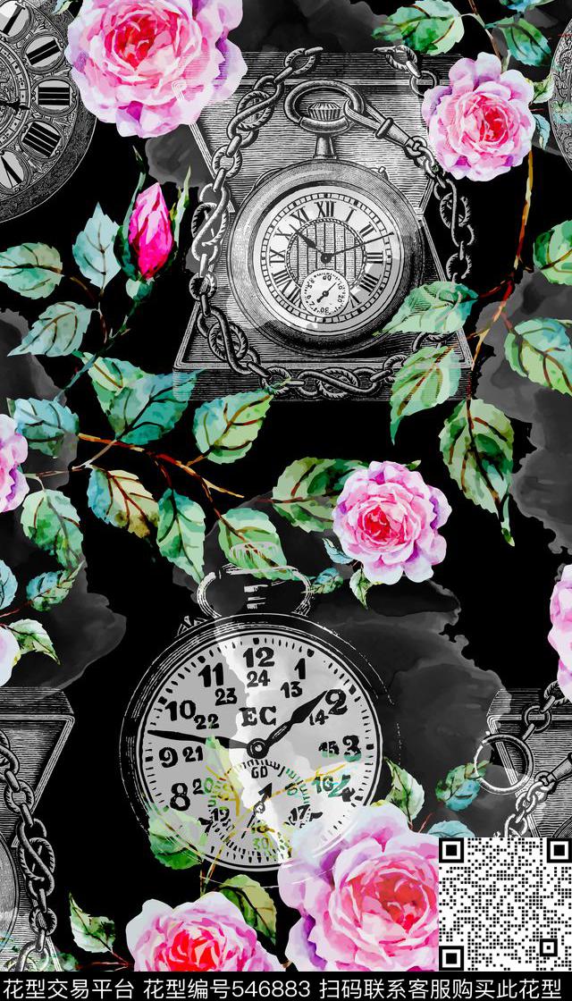 花卉时尚复古怀表数码印花华亿平台下载（图片编号: 546883） - 瓦栏（Walan）