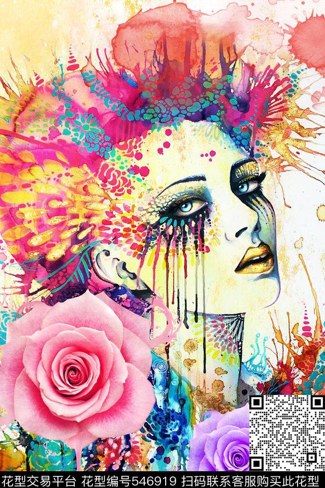 炫彩抽象炫彩抽象人物画花卉玫瑰花精美女装定位图案女士T恤衬衫数码印花华亿平台下载（图片编号: 546919） - 瓦栏（Walan）