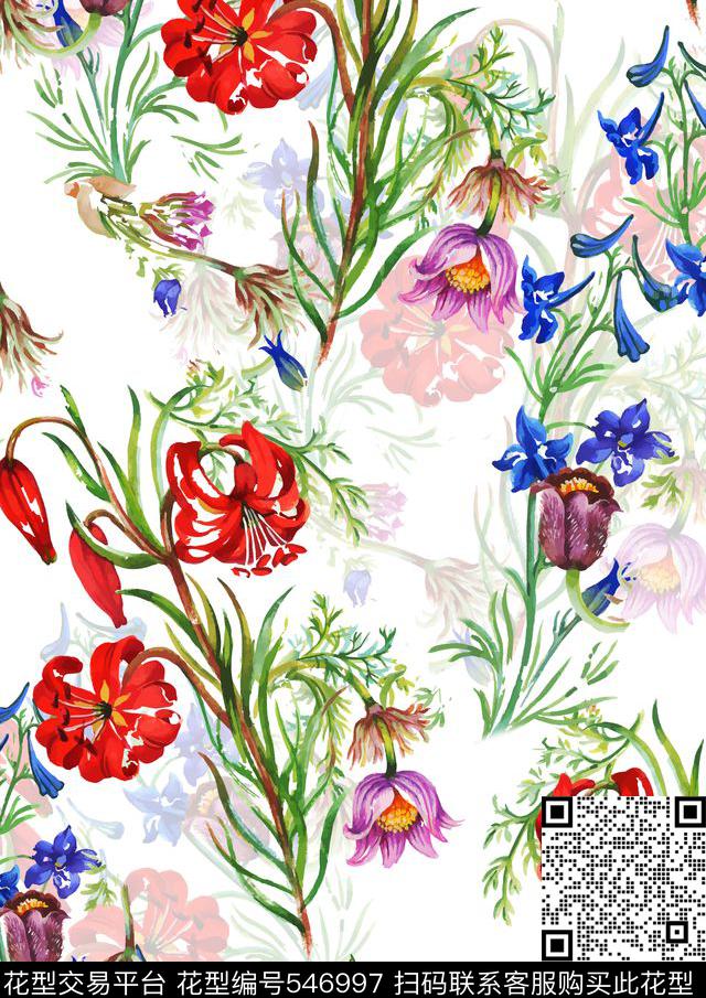 时尚流行优雅缠枝花卉花束数码印花华亿平台下载（图片编号: 546997） - 瓦栏（Walan）