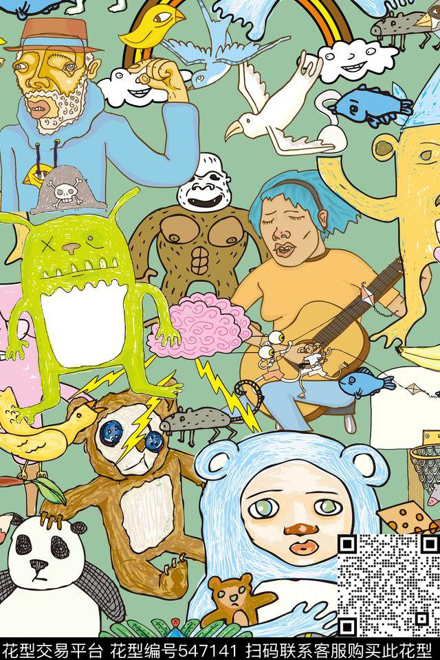 抽象卡通抽象漫画嘻哈涂鸦男士卫衣夏季T恤传统印花华亿平台下载（图片编号: 547141） - 瓦栏（Walan）