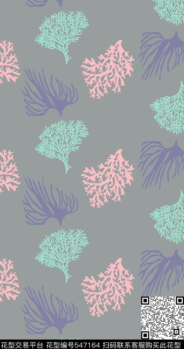 传统手绘几何花树枝珊瑚雨伞传统印花华亿平台下载（图片编号: 547164） - 瓦栏（Walan）