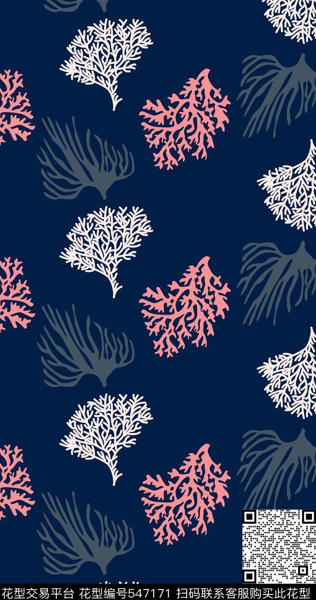 传统手绘几何花树枝珊瑚雨伞传统印花华亿平台下载（图片编号: 547171） - 瓦栏（Walan）