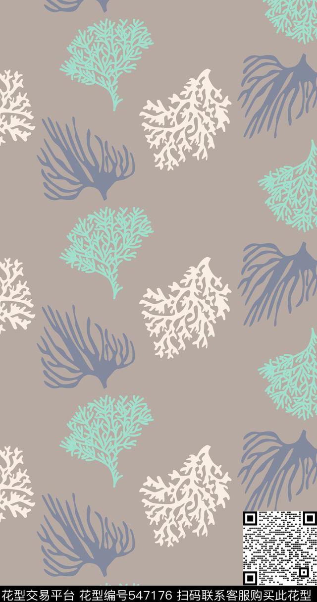 传统手绘几何花树枝珊瑚雨伞传统印花华亿平台下载（图片编号: 547176） - 瓦栏（Walan）