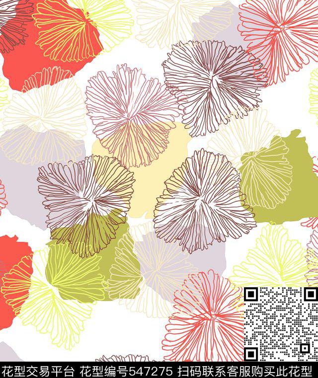 花卉手绘线条传统印花华亿平台下载（图片编号: 547275） - 瓦栏（Walan）