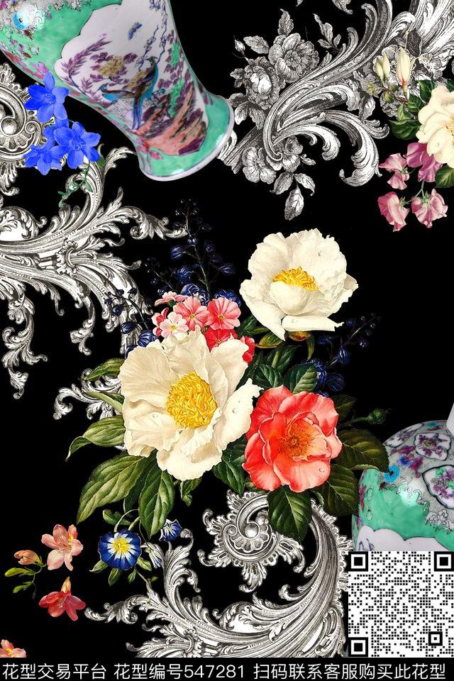 瓶子花瓶卷草花纹油画花卉数码印花华亿平台下载（图片编号: 547281） - 瓦栏（Walan）