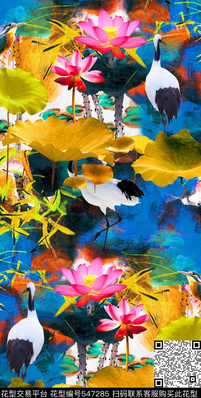 时尚潮流中国风图案水墨彩绘数码印花华亿平台下载（图片编号: 547285） - 瓦栏（Walan）