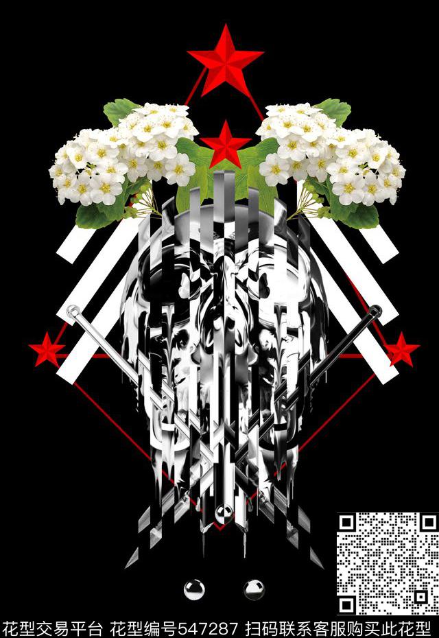 潮流时尚个性抽象骷髅头定位花卉数码印花华亿平台下载（图片编号: 547287） - 瓦栏（Walan）