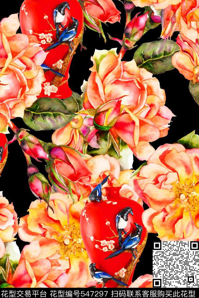 时尚潮流中国风手绘花鸟数码印花华亿平台下载（图片编号: 547297） - 瓦栏（Walan）