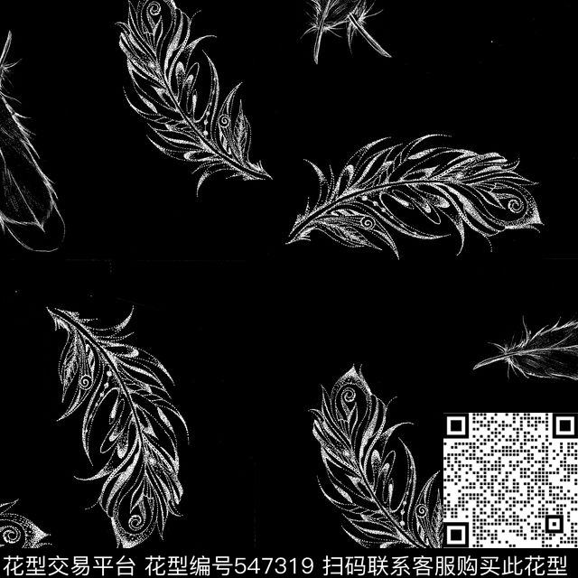 黑白羽毛手绘数码印花华亿平台下载（图片编号: 547319） - 瓦栏（Walan）
