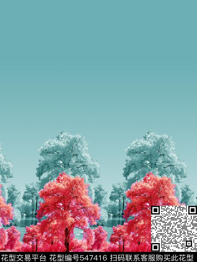 清新时尚渐变树湖服装设计数码印花华亿平台下载（图片编号: 547416） - 瓦栏（Walan）