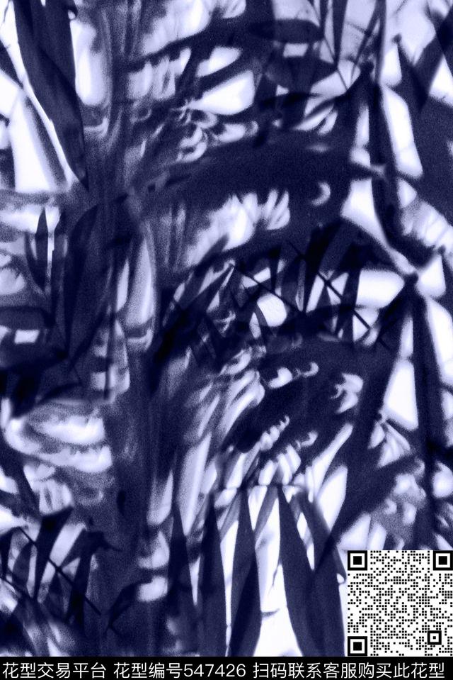 手绘写意竹叶手绘单色传统印花华亿平台下载（图片编号: 547426） - 瓦栏（Walan）