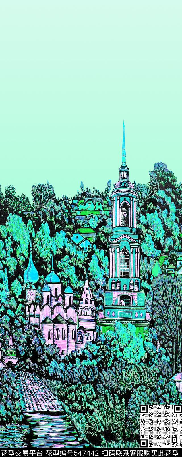 风景版画风景定位手绘数码印花华亿平台下载（图片编号: 547442） - 瓦栏（Walan）