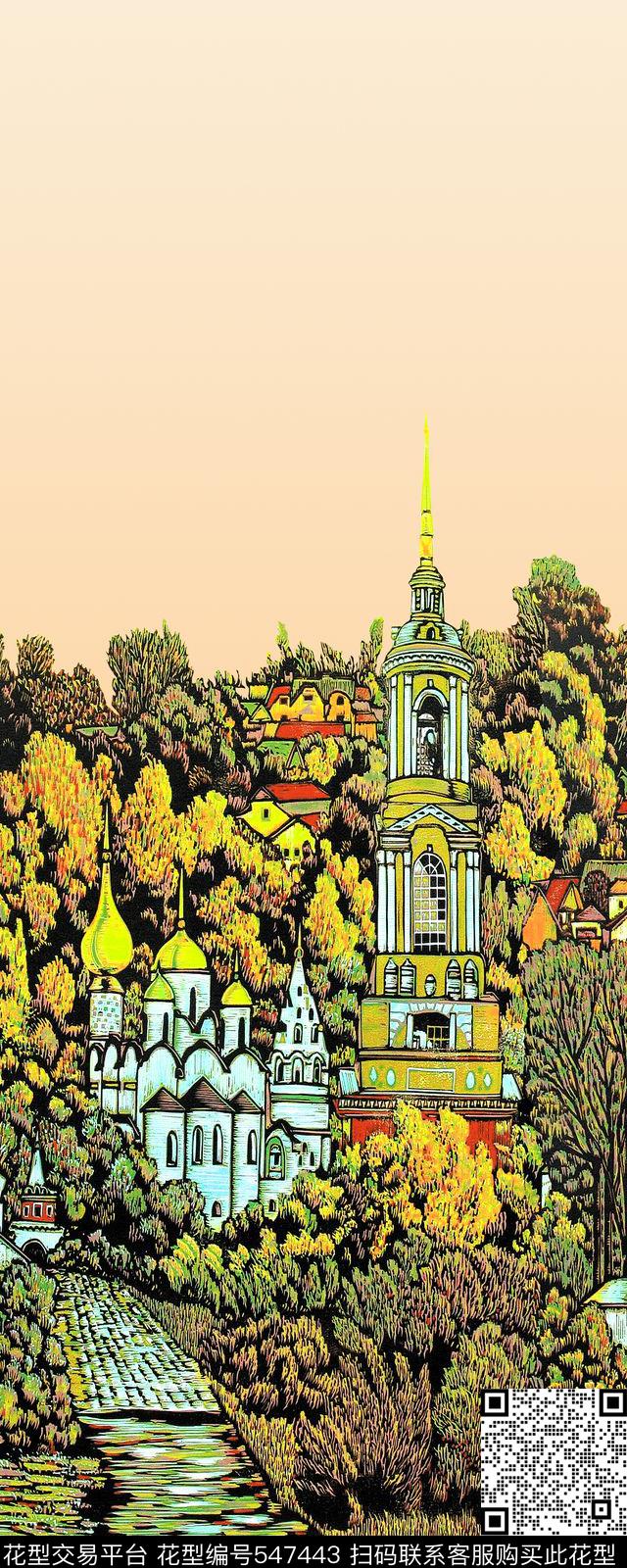 风景版画风景定位手绘数码印花华亿平台下载（图片编号: 547443） - 瓦栏（Walan）