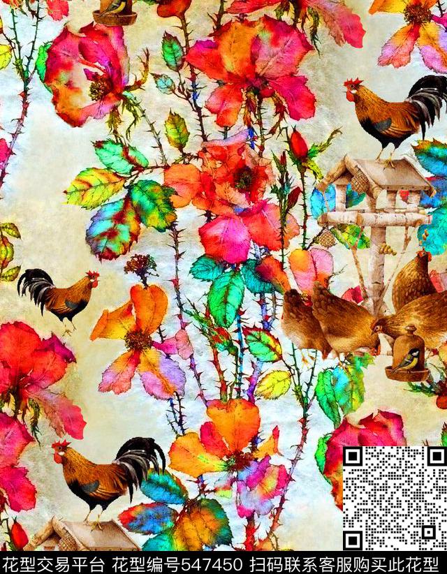 时时潮流手绘花卉古典风格数码印花华亿平台下载（图片编号: 547450） - 瓦栏（Walan）