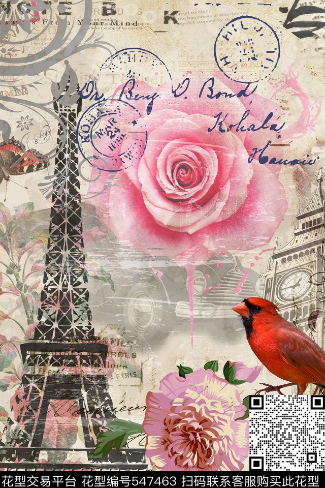 欧美复古海报邮票复古画册抽象玫瑰花蝴蝶精美女装定位图案T恤定位图案数码印花华亿平台下载（图片编号: 547463） - 瓦栏（Walan）