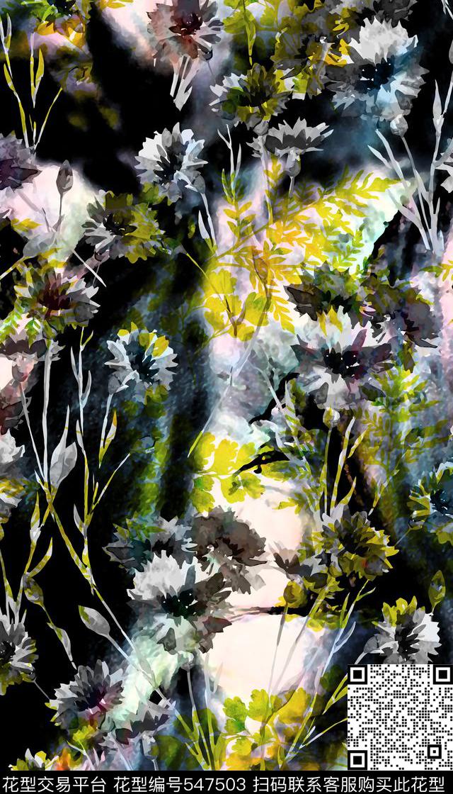时尚抽象墨迹雏菊数码印花华亿平台下载（图片编号: 547503） - 瓦栏（Walan）