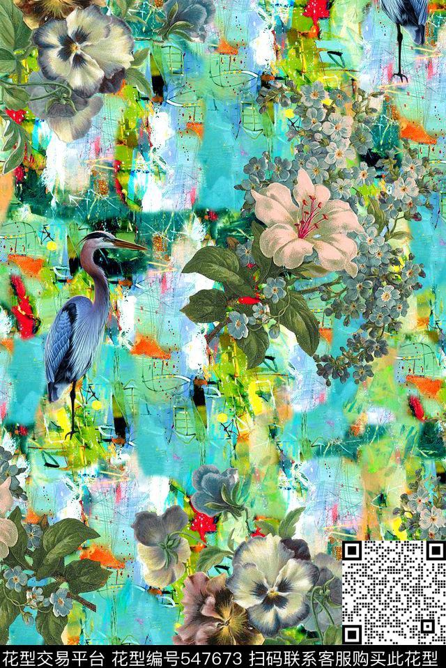 原创手绘油画墨底纹鹤花卉服装设计数码印花华亿平台下载（图片编号: 547673） - 瓦栏（Walan）