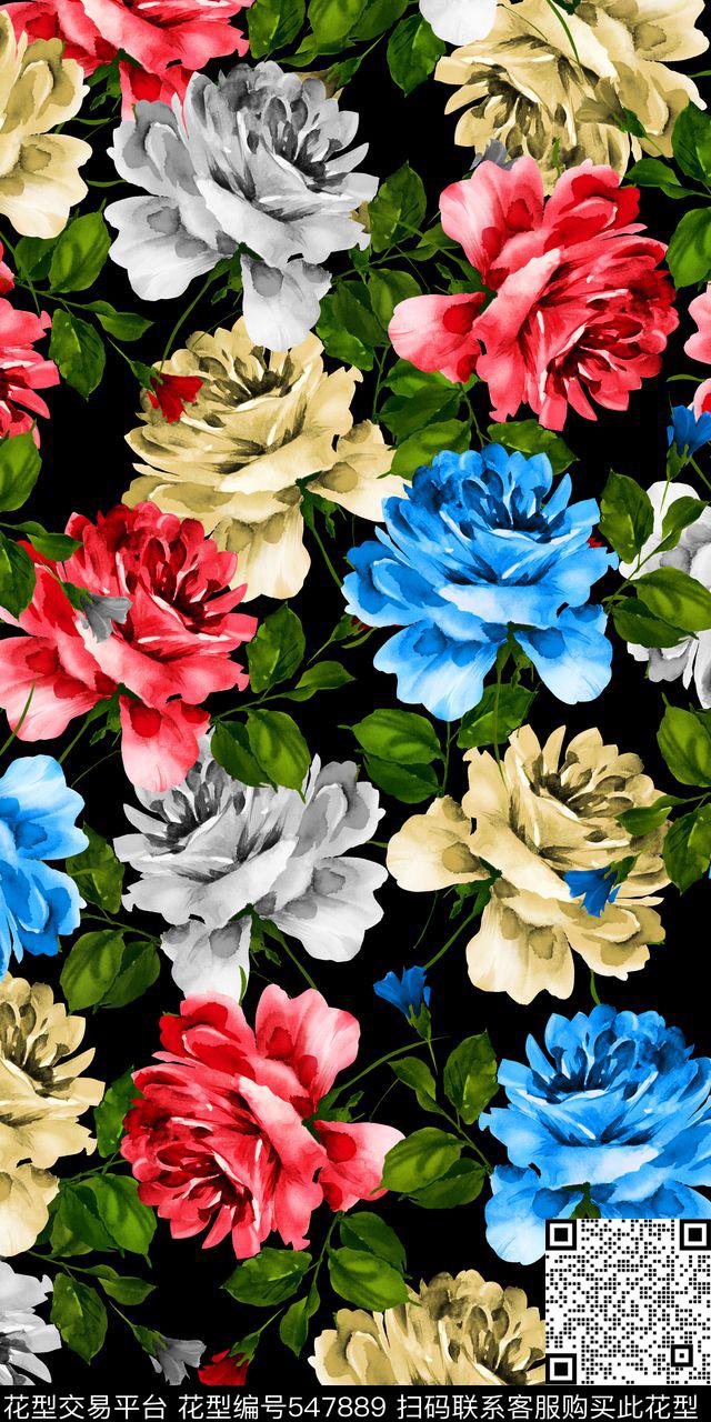 欧款水彩玫瑰数码印花华亿平台下载（图片编号: 547889） - 瓦栏（Walan）