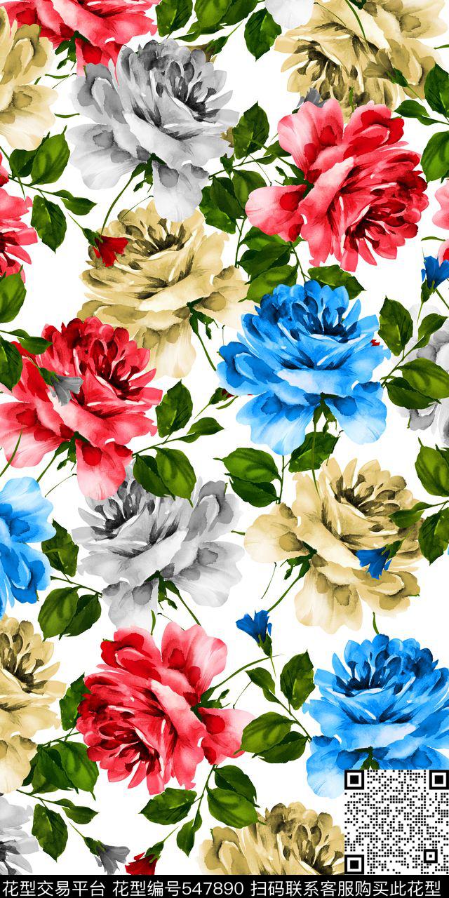 欧款水彩玫瑰数码印花华亿平台下载（图片编号: 547890） - 瓦栏（Walan）