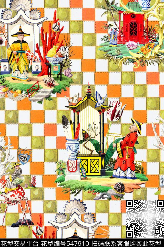 风景格子古代人物数码印花华亿平台下载（图片编号: 547910） - 瓦栏（Walan）