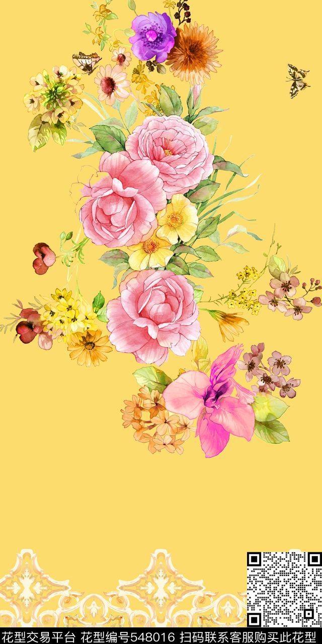 花卉潮流时尚大牌传统花纹边花数码印花华亿平台下载（图片编号: 548016） - 瓦栏（Walan）