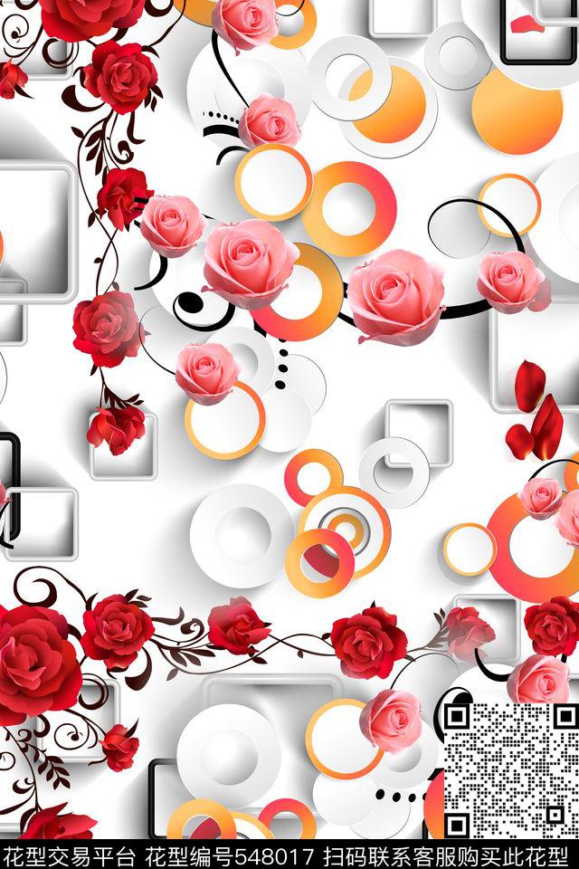 红黄黑花卉几何数码印花华亿平台下载（图片编号: 548017） - 瓦栏（Walan）