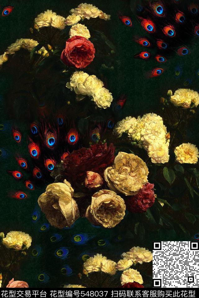 花卉孔雀玫瑰数码印花华亿平台下载（图片编号: 548037） - 瓦栏（Walan）