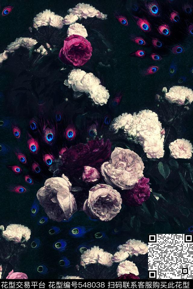 花卉孔雀玫瑰数码印花华亿平台下载（图片编号: 548038） - 瓦栏（Walan）