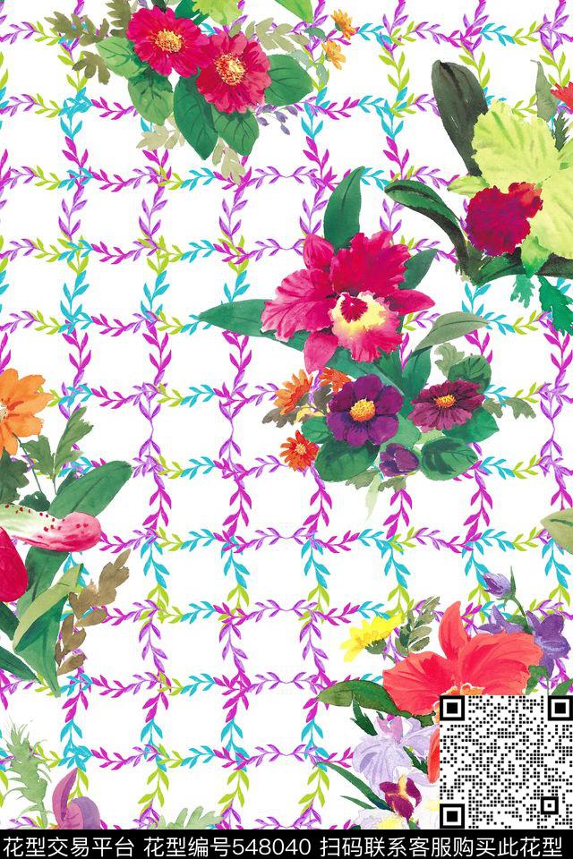 春夏格子纹花卉数码印花华亿平台下载（图片编号: 548040） - 瓦栏（Walan）