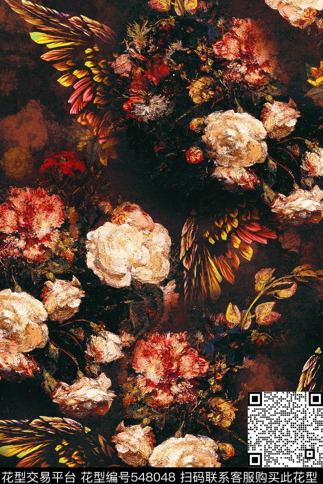 翅膀花卉玫瑰数码印花华亿平台下载（图片编号: 548048） - 瓦栏（Walan）