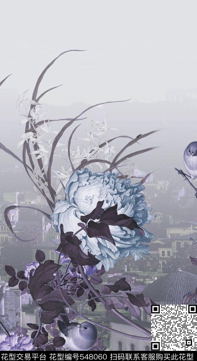 风景定位风景意境结合复古现代画法花卉数码印花华亿平台下载（图片编号: 548060） - 瓦栏（Walan）