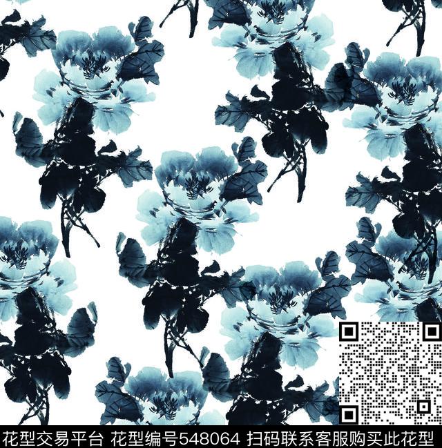 花卉中国风水墨画传统印花华亿平台下载（图片编号: 548064） - 瓦栏（Walan）