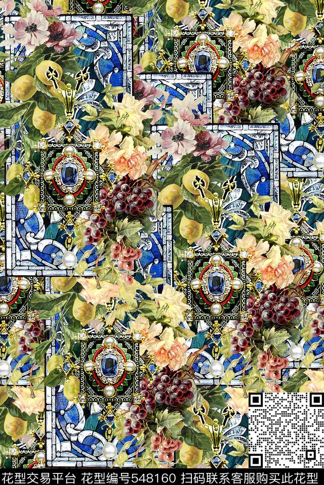 时尚大牌欧美风格花卉水果珠宝玻璃框服装设计数码印花华亿平台下载（图片编号: 548160） - 瓦栏（Walan）