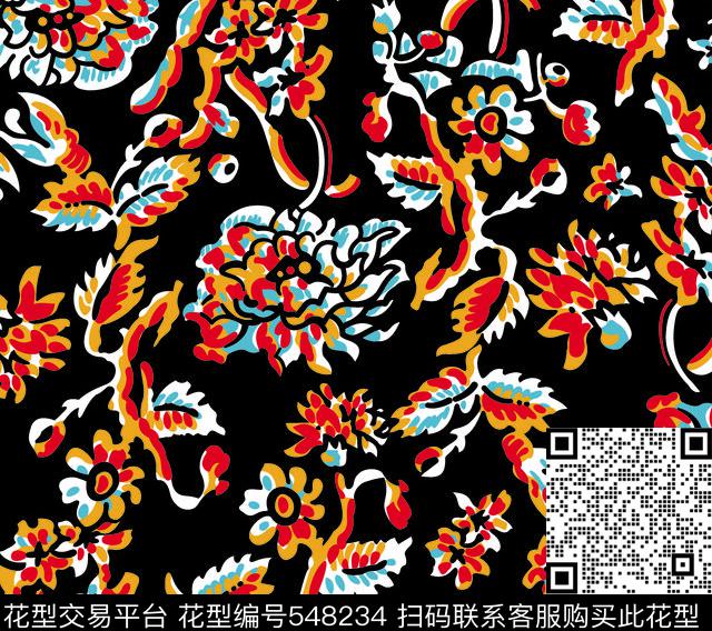 抽象花卉抽象蝴蝶花色块花传统印花华亿平台下载（图片编号: 548234） - 瓦栏（Walan）