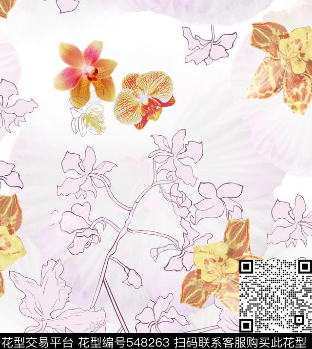 抽象蝴蝶花抽象花卉手绘花卉数码印花华亿平台下载（图片编号: 548263） - 瓦栏（Walan）
