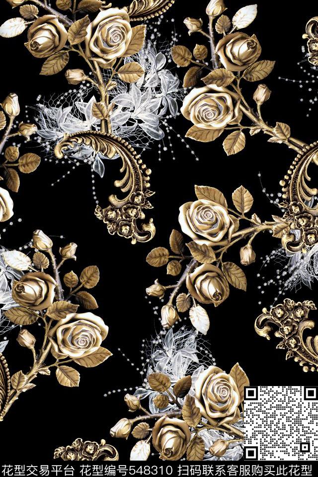 欧式雕刻立体花卉蕾丝花纹数码印花华亿平台下载（图片编号: 548310） - 瓦栏（Walan）