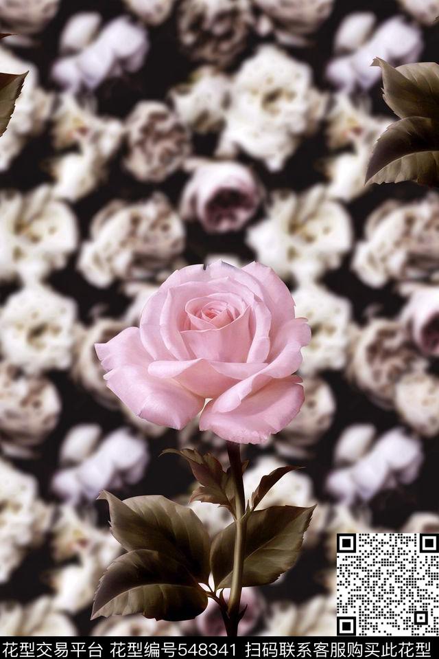 渐变水墨风格玫瑰花卉服装设计数码印花华亿平台下载（图片编号: 548341） - 瓦栏（Walan）