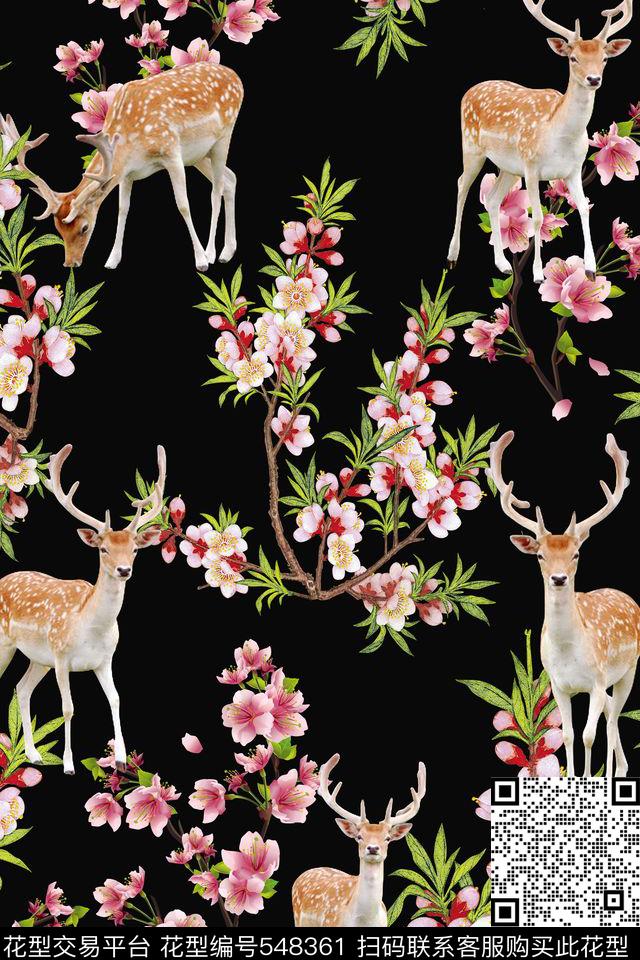 黑底中国风梅花与梅花鹿结合动物华亿平台动物纹古典中国风数码印花华亿平台下载（图片编号: 548361） - 瓦栏（Walan）