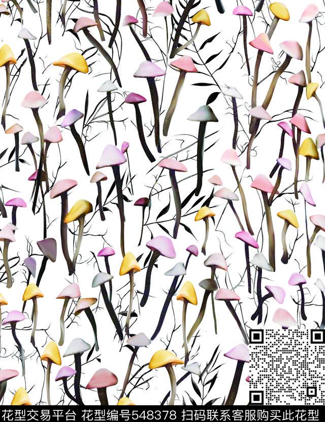 蘑菇抽象花卉格子花数码印花华亿平台下载（图片编号: 548378） - 瓦栏（Walan）