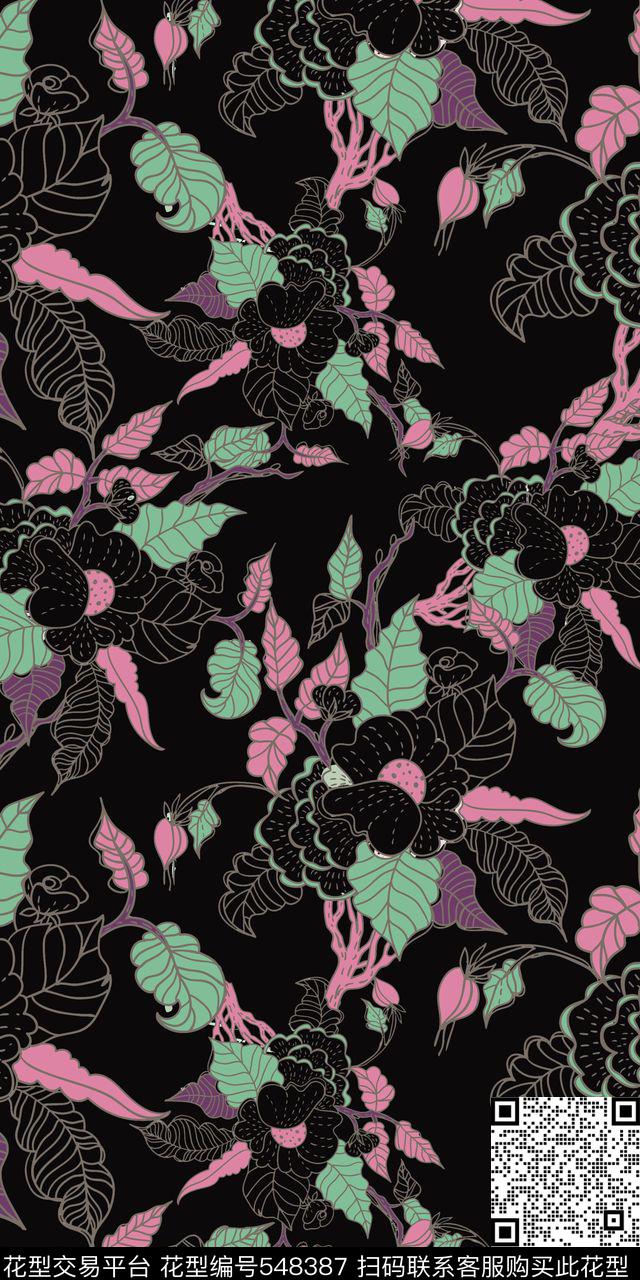非写实花卉线条色块花叶组合传统传统印花华亿平台下载（图片编号: 548387） - 瓦栏（Walan）