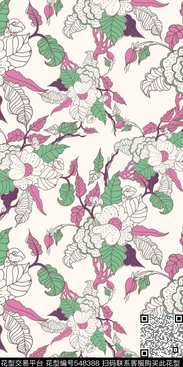非写实花卉线条色块花叶组合传统传统印花华亿平台下载（图片编号: 548388） - 瓦栏（Walan）