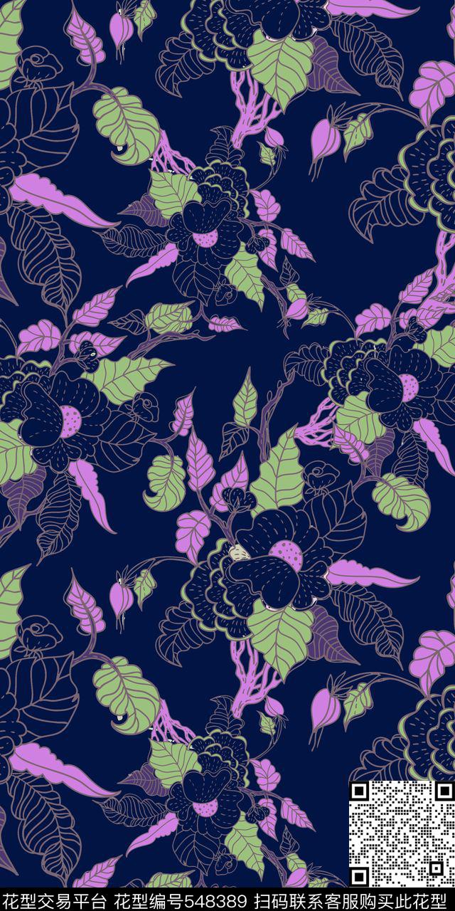 非写实花卉线条色块花叶组合传统传统印花华亿平台下载（图片编号: 548389） - 瓦栏（Walan）