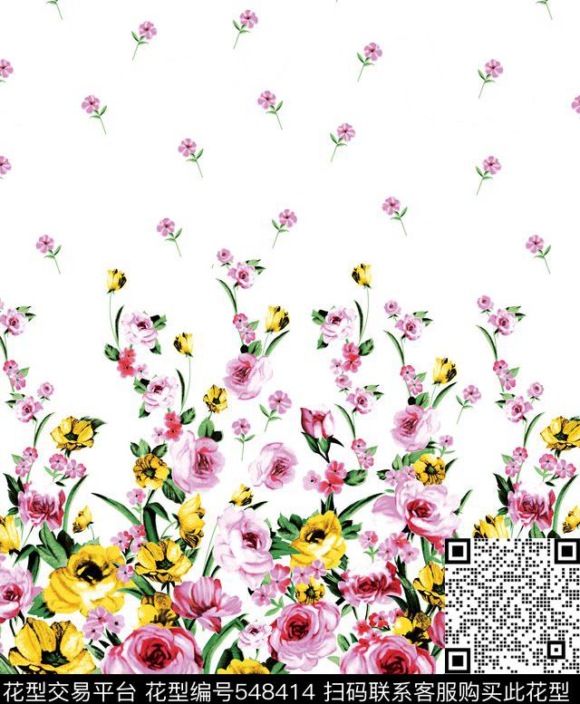 白底定位花鲜花传统印花华亿平台下载（图片编号: 548414） - 瓦栏（Walan）