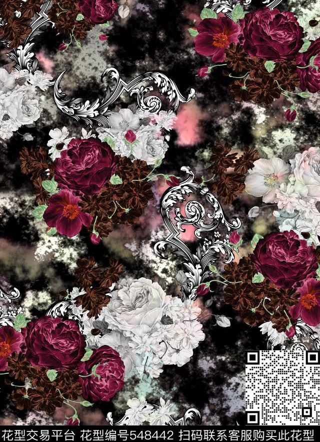 暗地花边花卉数码印花华亿平台下载（图片编号: 548442） - 瓦栏（Walan）