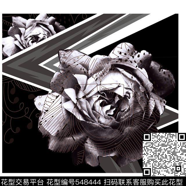 T恤华亿平台黑白玫瑰流行时尚数码印花华亿平台下载（图片编号: 548444） - 瓦栏（Walan）