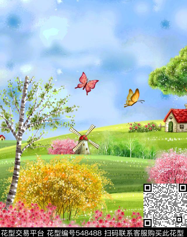 手绘树木房子数码印花华亿平台下载（图片编号: 548488） - 瓦栏（Walan）