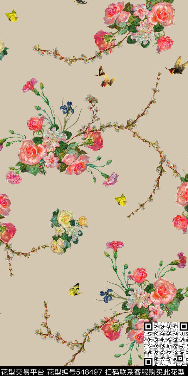 花枝米色花卉数码印花华亿平台下载（图片编号: 548497） - 瓦栏（Walan）